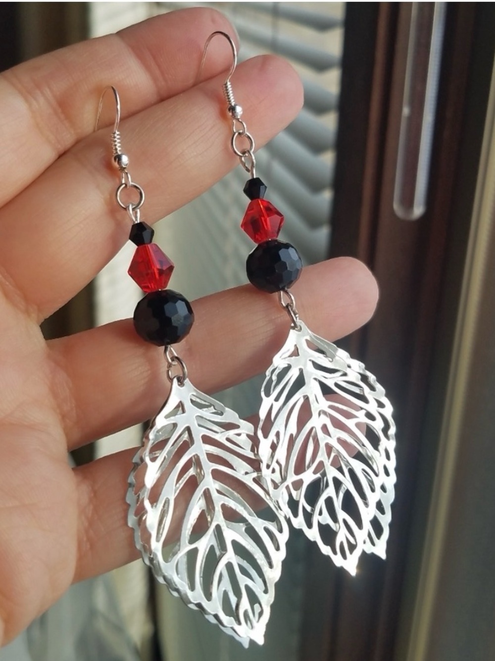 Swarovski Elements Silver Leaf Red Black Crystal Dangling Earrings NWT